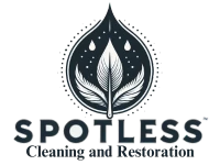Logo for Spotless Cleaning and Restoration. Features a stylized leaf with water droplets, symbolizing Water Damage Restoration Services, inside a water drop outline. The text "SPOTLESS" is bold, with "Cleaning and Restoration" underneath in smaller letters.