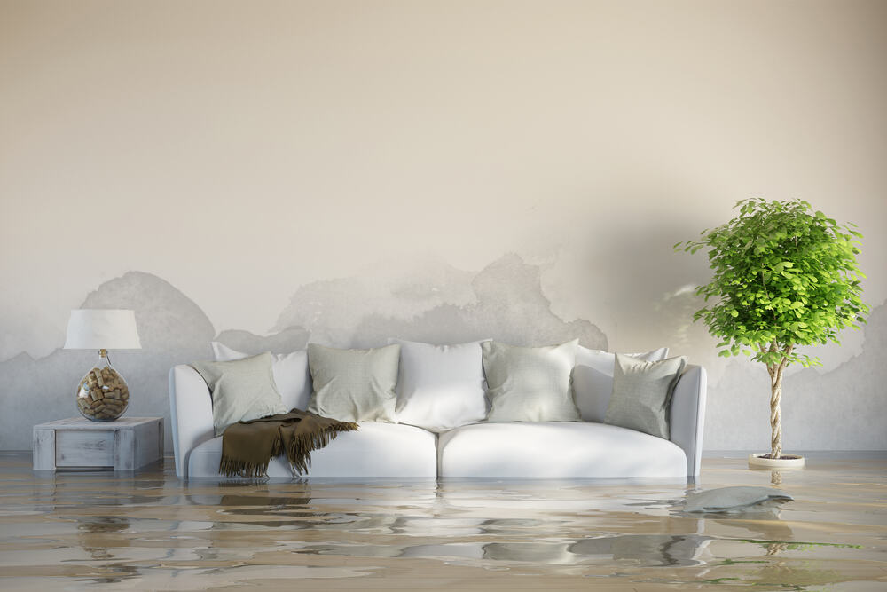 Couch flooded in a home, illustrating the extent of water damage requiring prompt restoration.