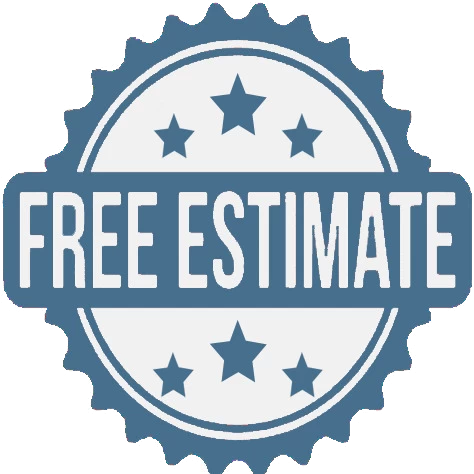 Circular badge with a gear-like edge and the words "FREE ESTIMATE" in bold, white letters on a blue background. Perfect for services like water damage restoration, the design includes five blue stars, with three at the top and two at the bottom.