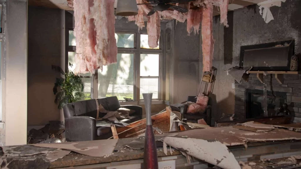 A living room with significant damage; the ceiling has collapsed, insulation hanging down, debris scattered across sofa and floor, broken window, and a fireplace with a damaged mantel. Light filters through the window, highlighting the destruction as a restoration company assesses fire damage restoration needs.