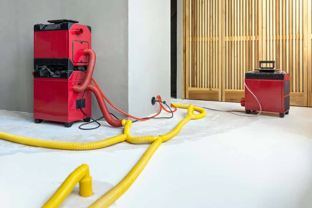 Two red industrial vacuum cleaners, essential for mold removal, are connected by yellow and orange hoses on a pristine white floor. One is positioned near a gray wall while the other stands before a wooden slatted partition, embodying the expertise of a restoration company.