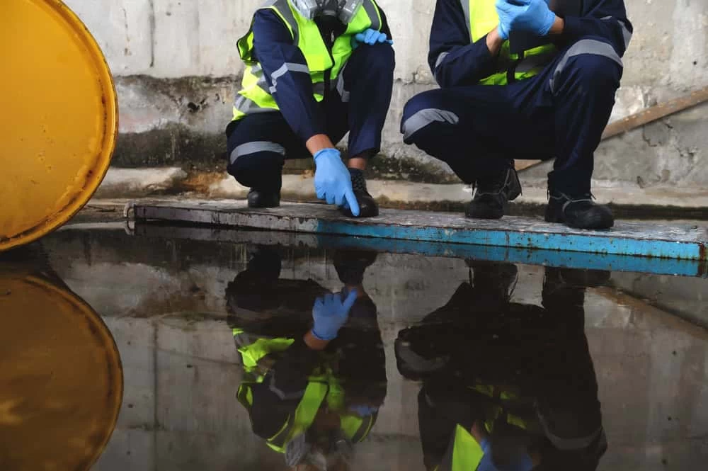 Two professionals from a restoration company kneel by a reflective, water-covered surface, touching the water. They wear gloves, masks, and reflective vests. A large yellow container is partially visible in the background as they expertly assess fire damage restoration needs.